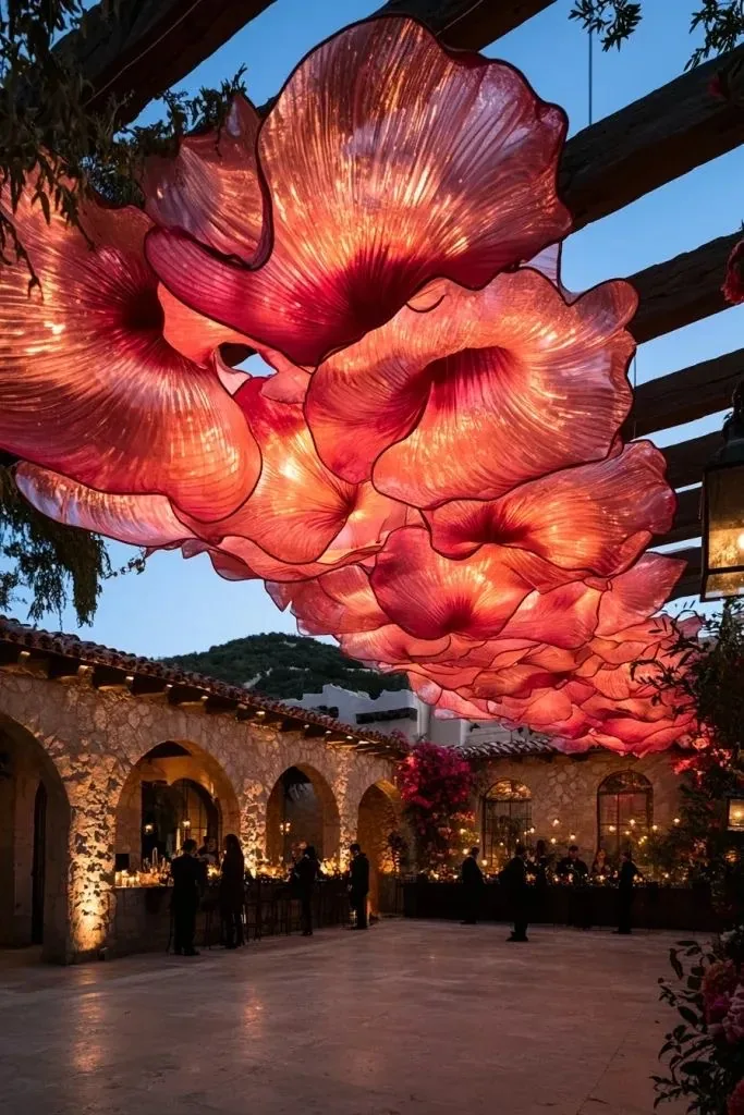 Grandes fleurs lumineuses suspendues au-dessus d'un patio en pierre à la tombée de la nuit